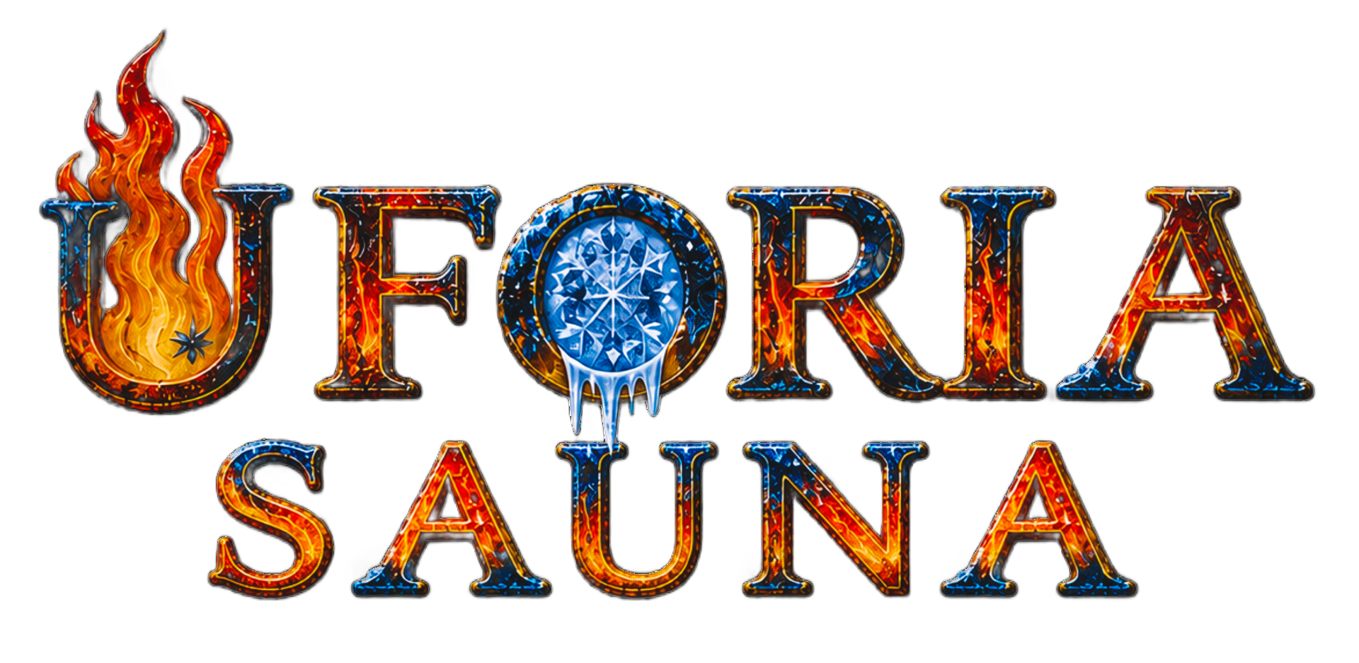 Uforia Sauna and Cold Plunge logo with flames and ice dripping