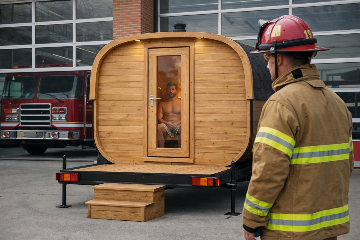 Firefighter looking at a small wooden pod with a glass door outside a fire station