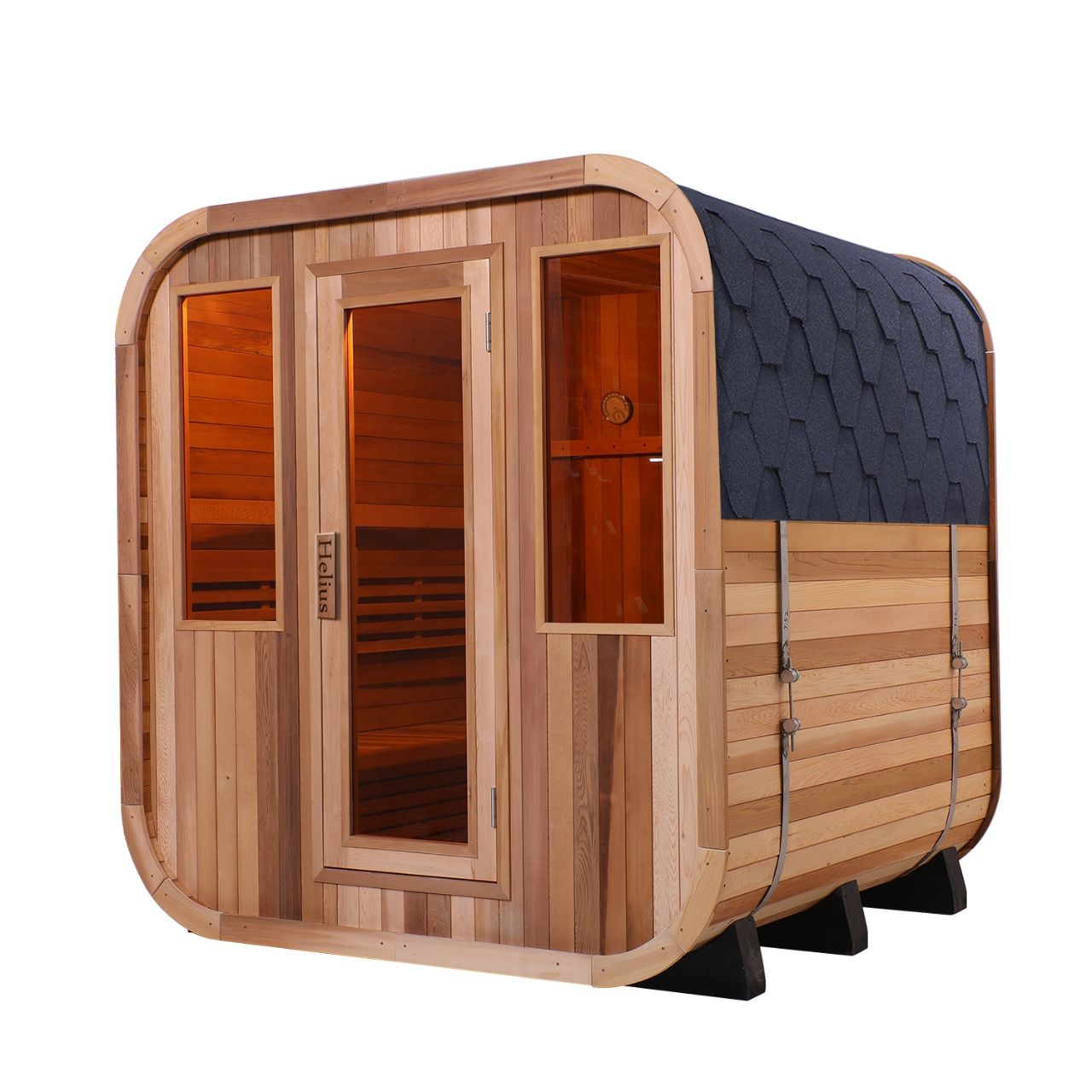 Wooden barrel-style outdoor sauna with glass doors and dark shingle roof