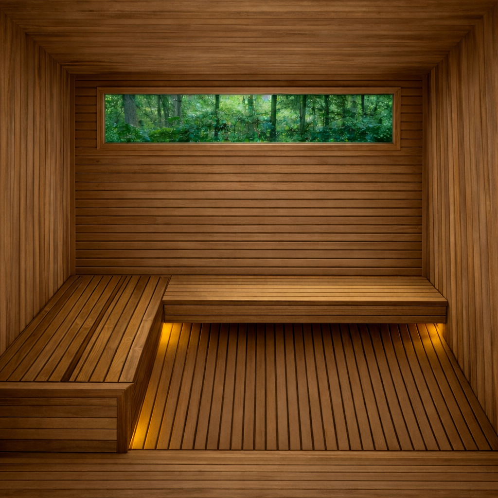 Wooden sauna interior with bench seating and a narrow window showing green trees outside
