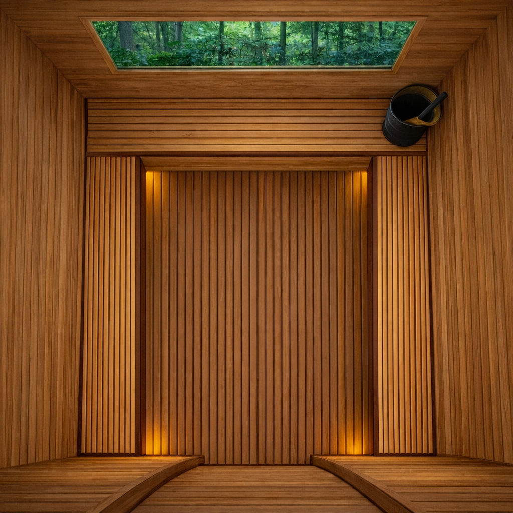 Wooden sauna interior with warm lighting and a skylight showing green foliage above