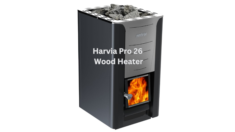 Black Harvia Pro 26 wood heater with orange fire visible through the front window