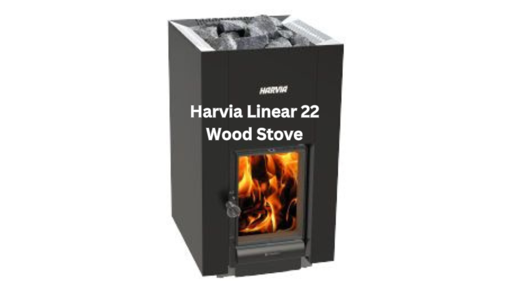 Black Harvia wood stove with a glass door and visible flames, topped with sauna stones
