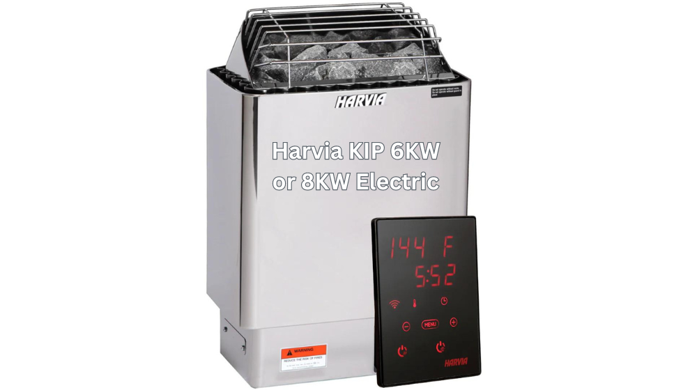 Silver electric sauna heater with black digital control panel showing red LED numbers.