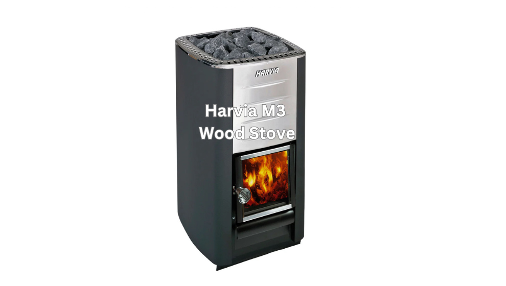 Black cast-iron wood stove with fire visible in the front window and wood on top