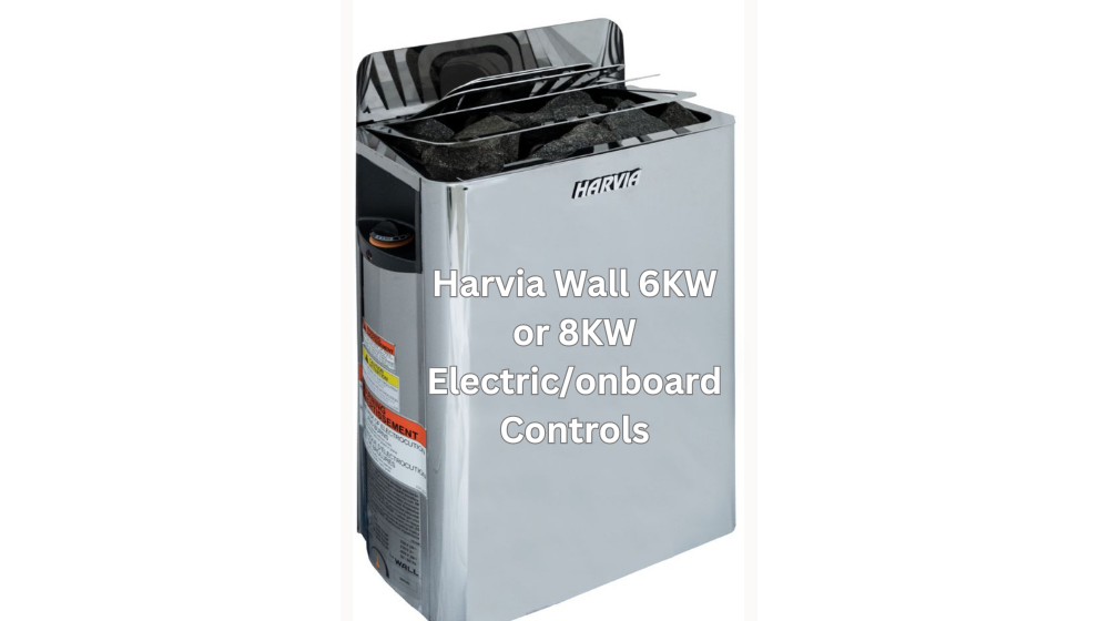 Gray electronic controller unit with black top, labeled “Harvia 6 kW or 8kW Electronic Onboard Controls”