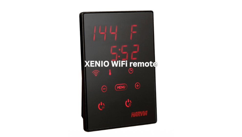Black XENIO WiFi remote with red digital display and touch buttons on a white background
