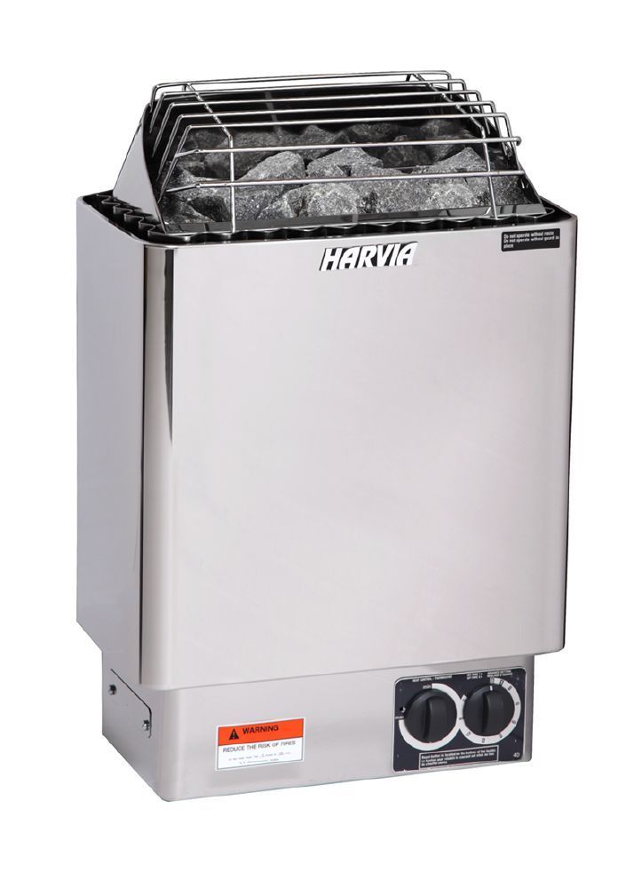 Stainless steel sauna heater with rocks on top and control dials on the lower front panel