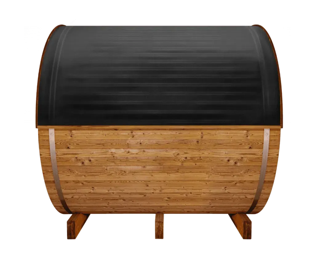 Barrel sauna with black shingles