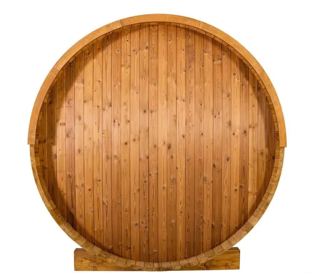 Round wooden barrel with vertical planks and a flat base, centered on a white background