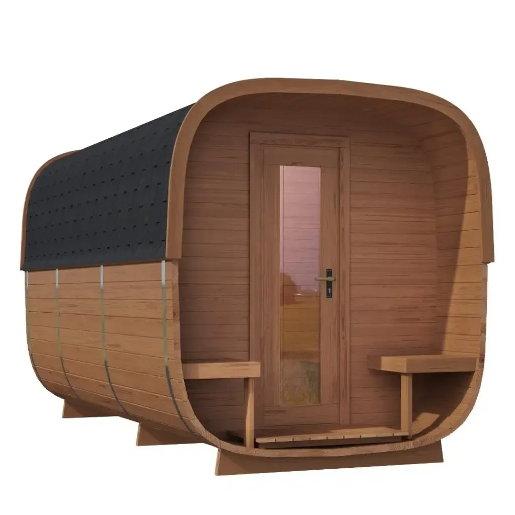 Wooden barrel-shaped tiny house with a front door and small benches, shown in side view on a white background