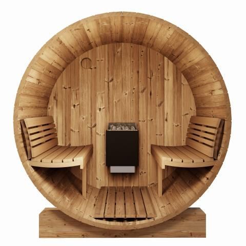 Wooden barrel sauna with two bench seats and a central heater
