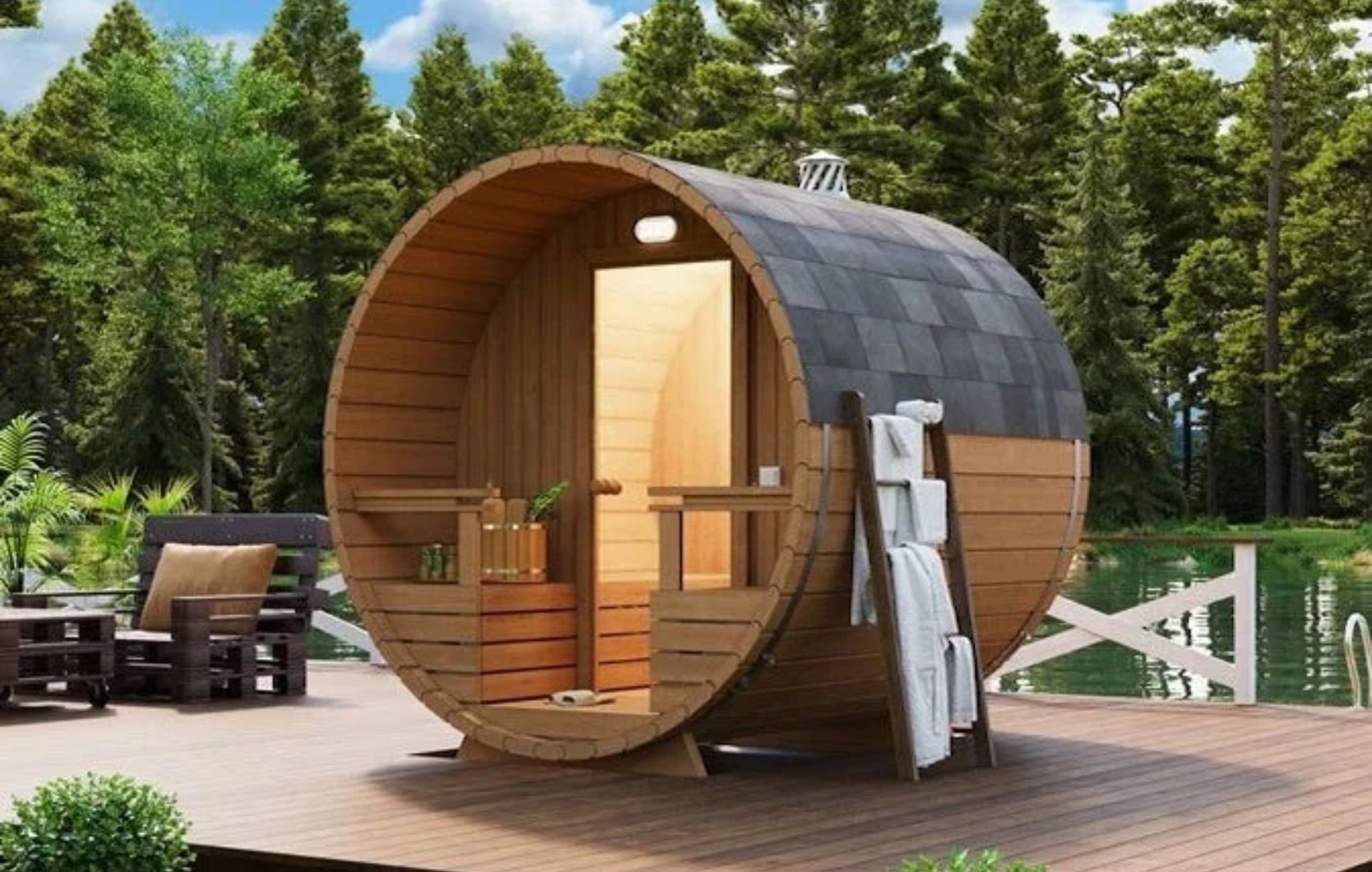 A compact wooden barrel cabin on a deck in a forest setting, with a small porch and stairs.