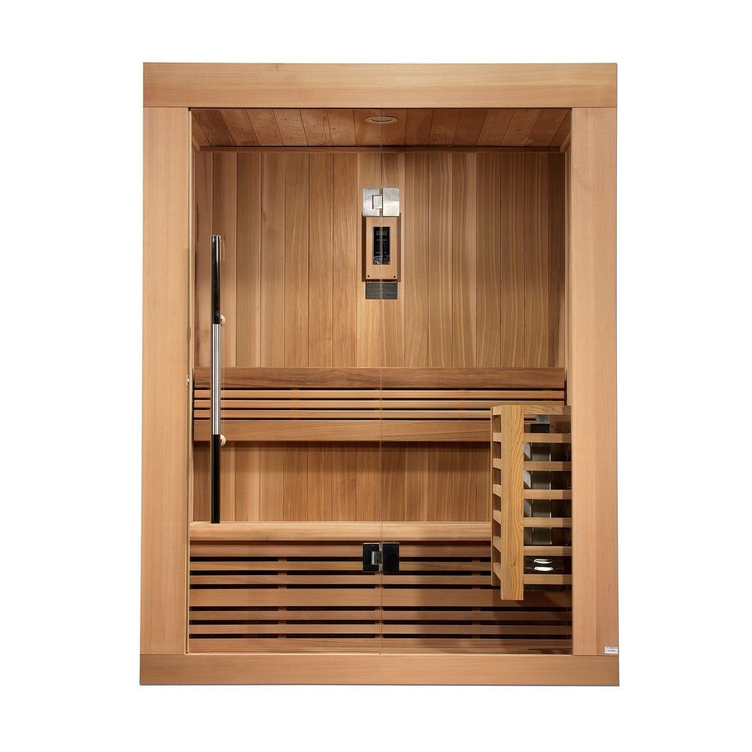 Wooden infrared sauna with glass door and bench seating