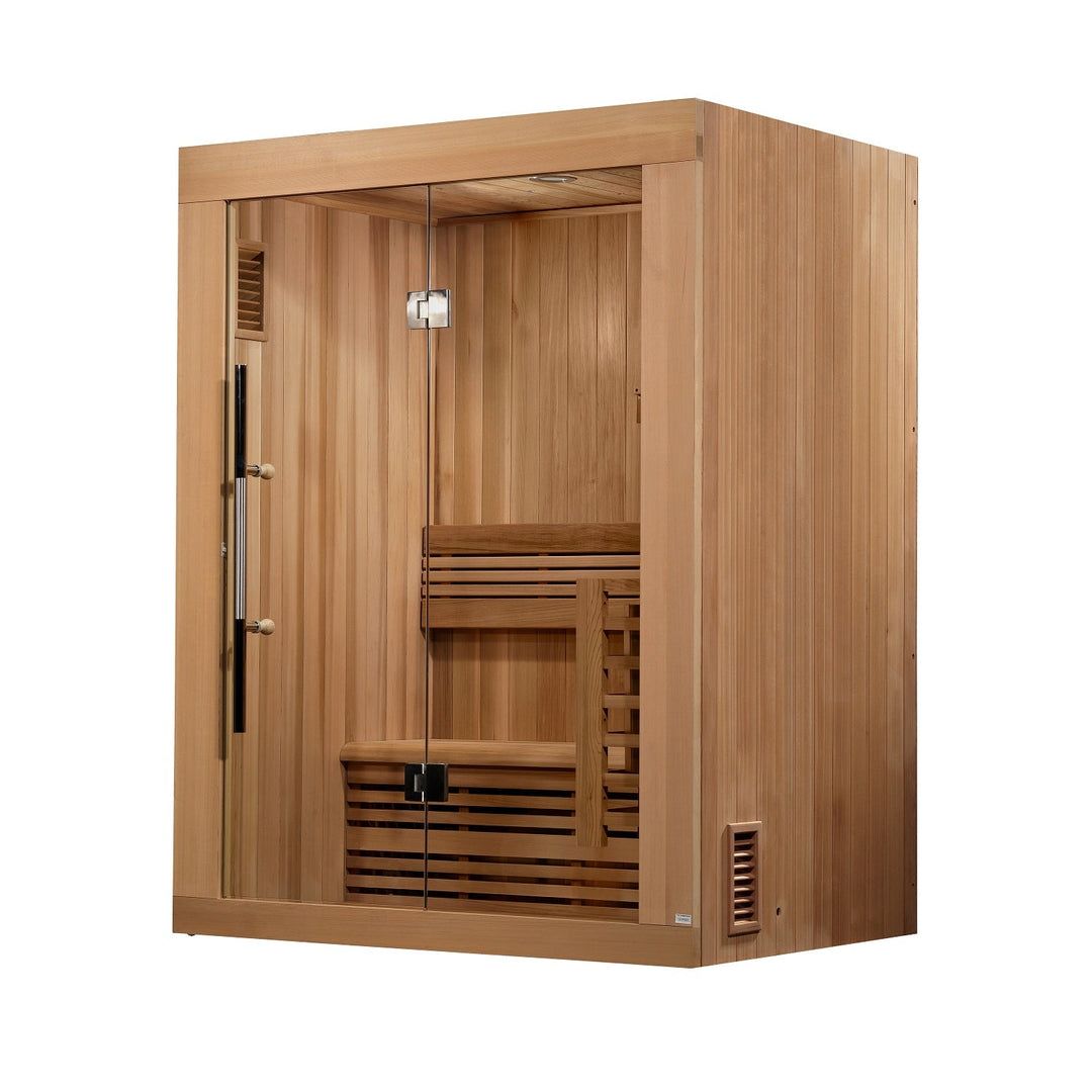 Wooden infrared sauna cabin with glass door and bench seating