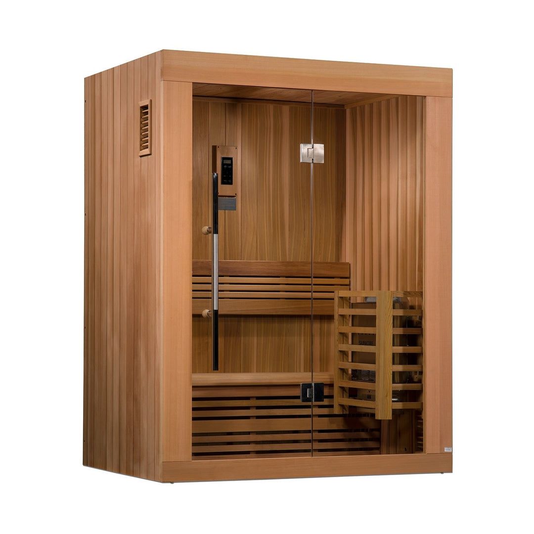 Wooden infrared sauna with glass door and bench seating