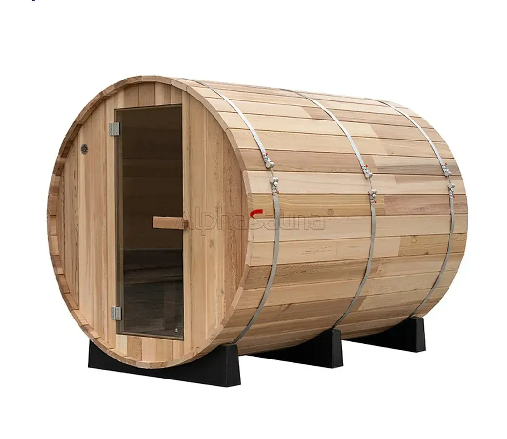 Wooden barrel-shaped sauna with an open front door and black support feet