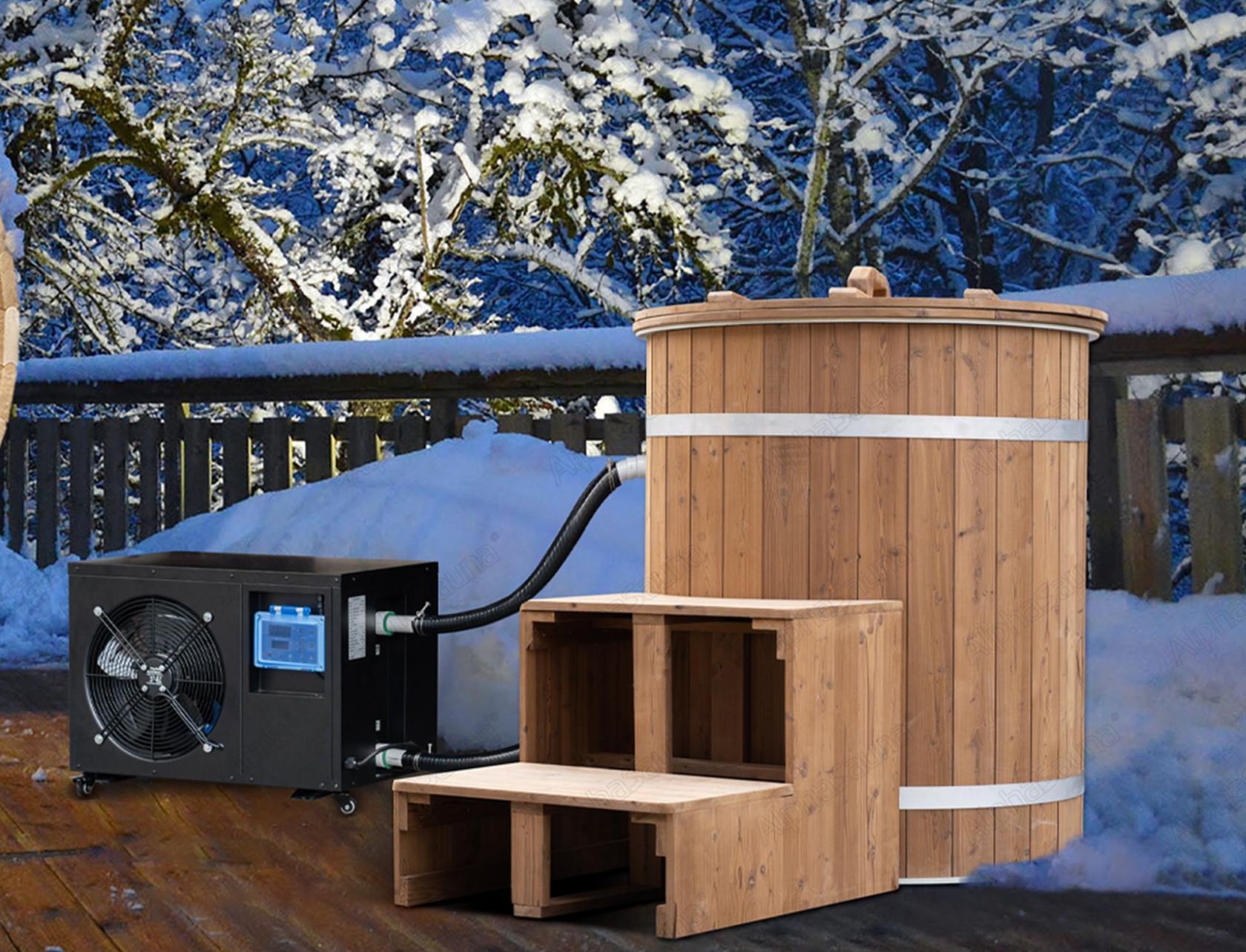 Outdoor wooden barrel sauna with step bench beside a snow-covered deck and backyard trees