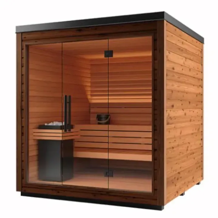 Modern wooden sauna cabin with glass front and bench seating