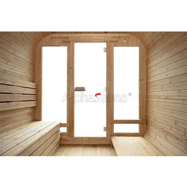 Wooden sauna interior with bench seating and glass door, brightly lit from outside