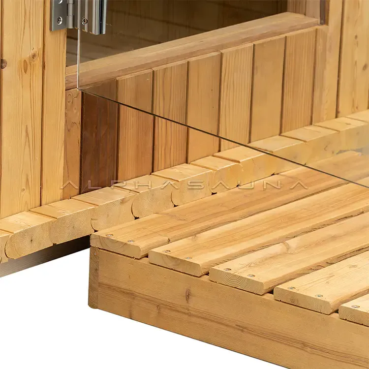 Wooden outdoor sauna with open bench and floor platform in light pine finish