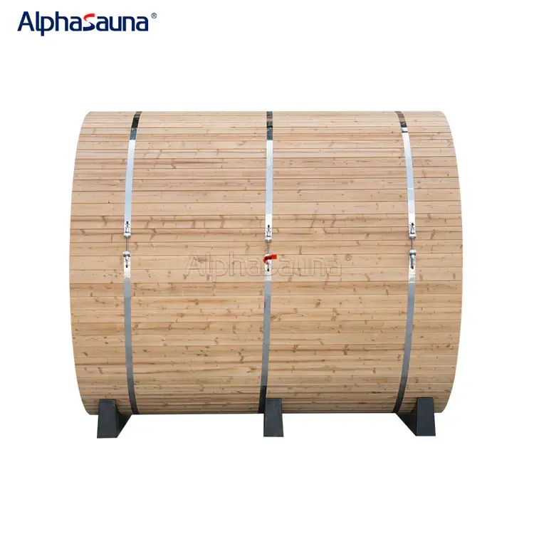 barrel sauna with metal bands