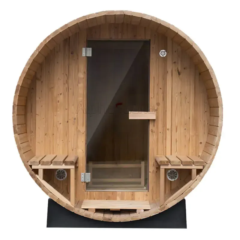 Outdoor 4 person barrel sauna with outside seating