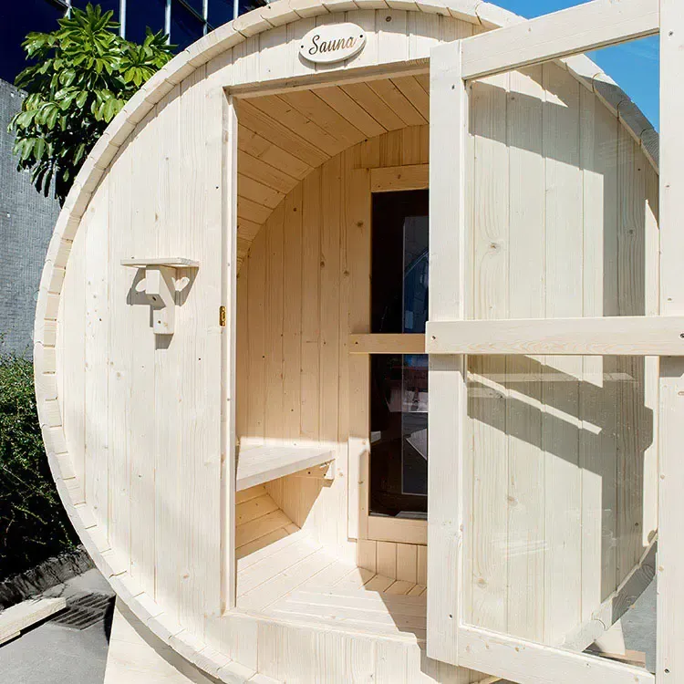 4 person barrel sauna with a changing room