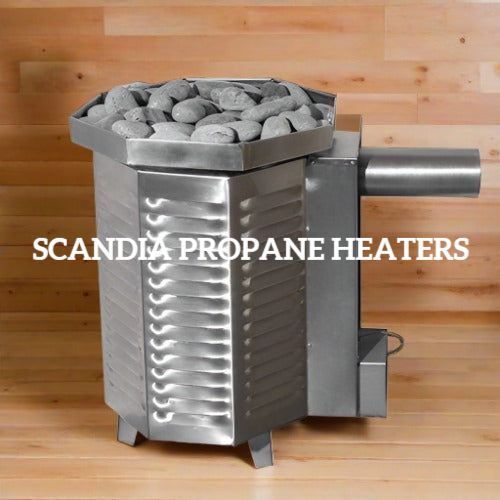 Stainless steel propane heater filled with stones, labeled