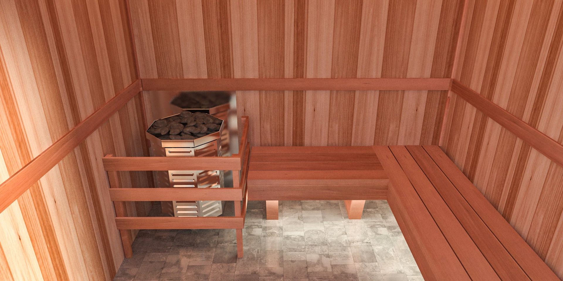 Wooden attic room with striped walls, a low bed, shelves, and a pair of shoes on a shelf.