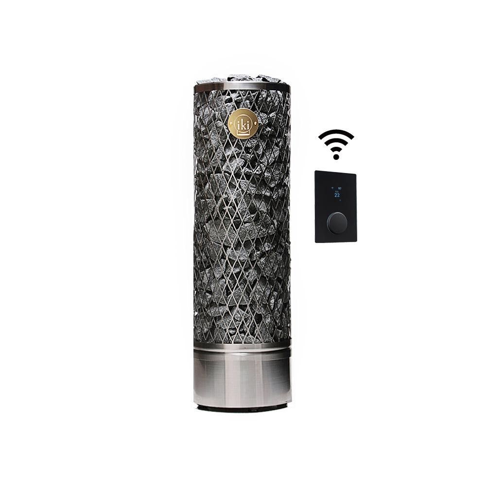 Black patterned cylindrical air purifier with a silver base and small remote control beside it.