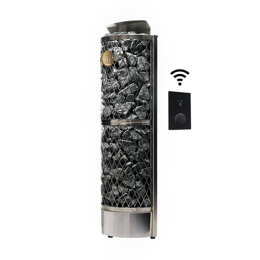 Tall silver Iki electric sauna heater with black decorative fill and a small wireless remote beside it