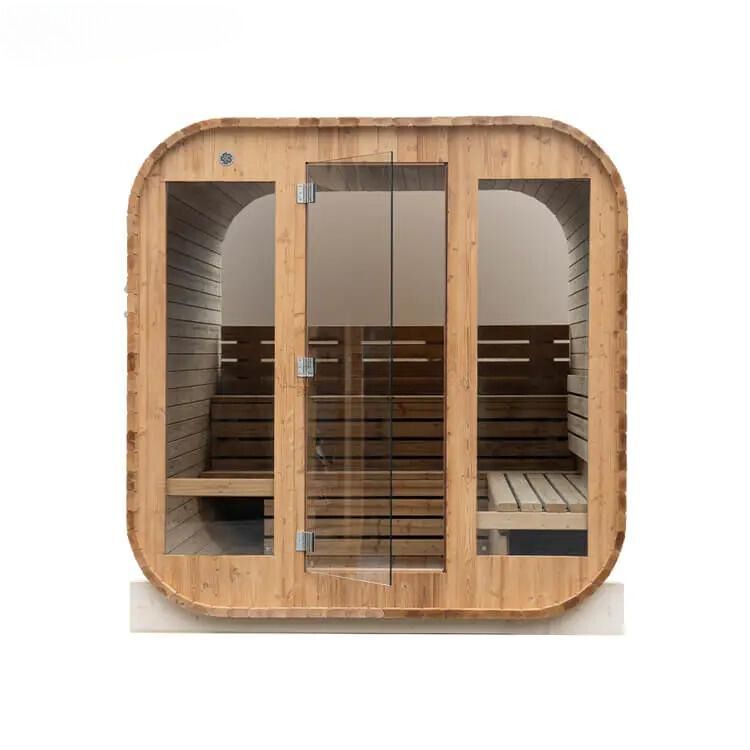 Wooden sauna room with glass front and bench seating