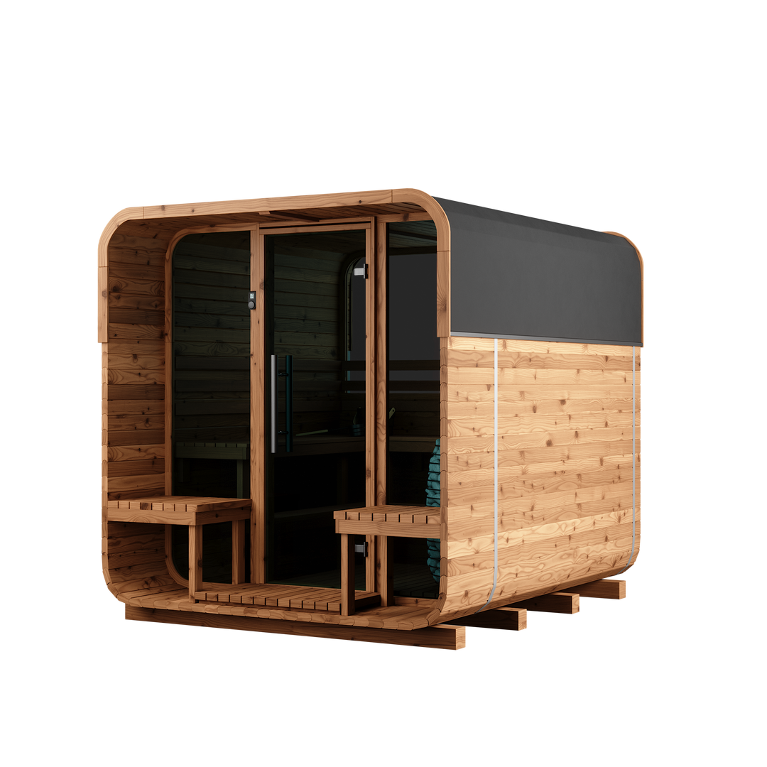 Wood-paneled portable sauna with dark roof and front benches, shown on a white background