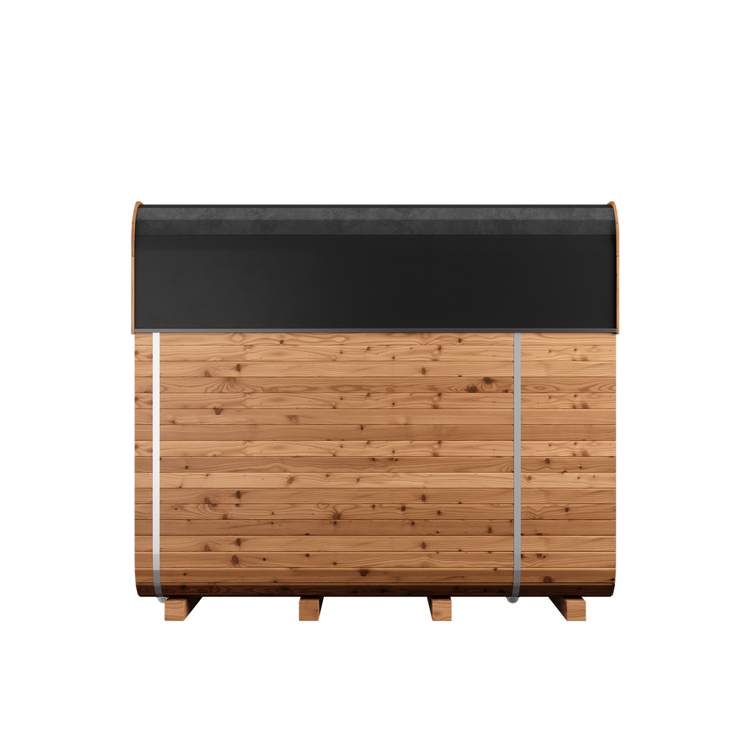 Wood-paneled portable sauna with dark roof and front benches, shown on a white background