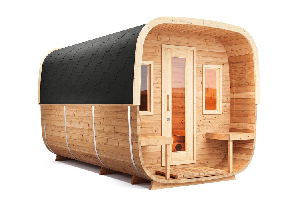 Wooden barrel sauna with curved black roof and glass-front entrance, isolated on white background