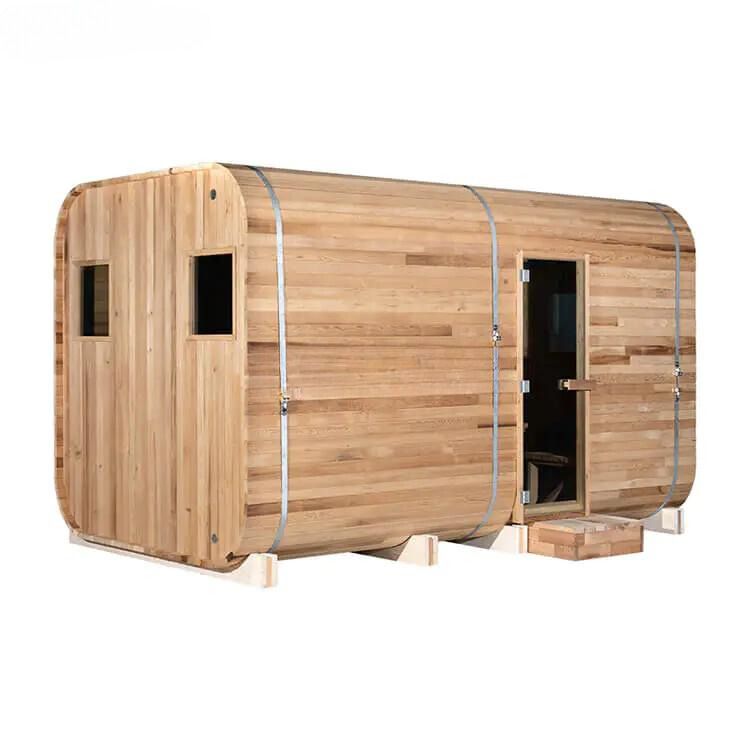 Wooden barrel-shaped sauna cabin with windows, door open on steps, isolated on white background