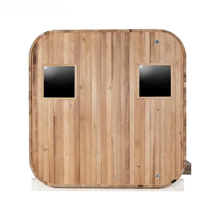 Wooden sauna booth with two square windows and rounded corners