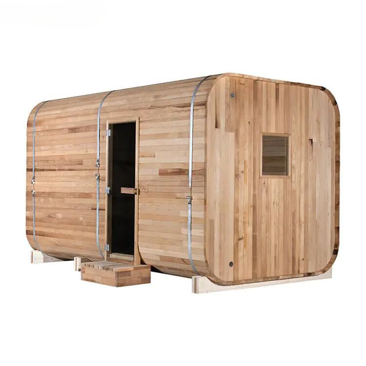 Wooden barrel-shaped outdoor sauna with a black door and small window, shown on a white background