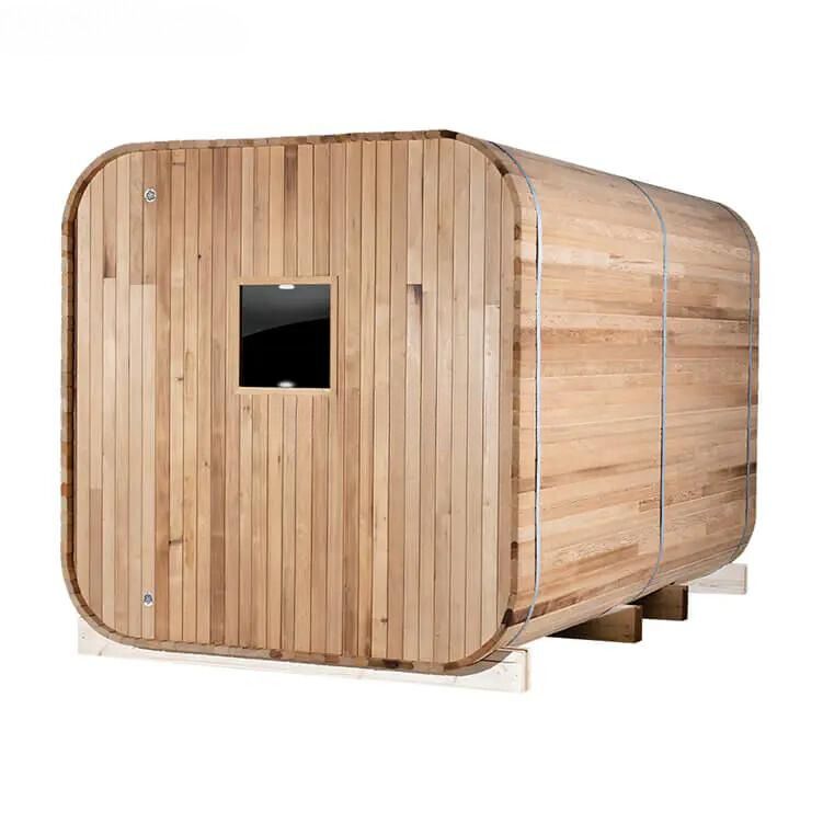 Wooden outdoor sauna cabin with rounded corners and a small window