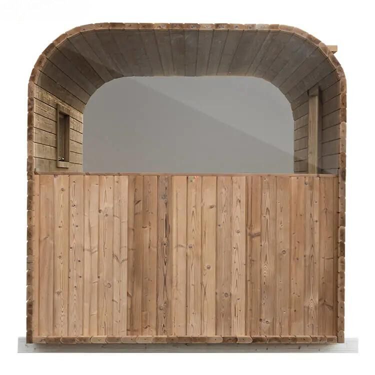 Wooden kiosk with a curved roof, open front, and half-height wood paneling