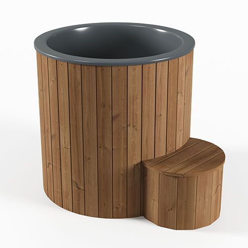Wooden cylindrical Uforia cold plunge tub with a dark gray rim and matching small round stool beside it.