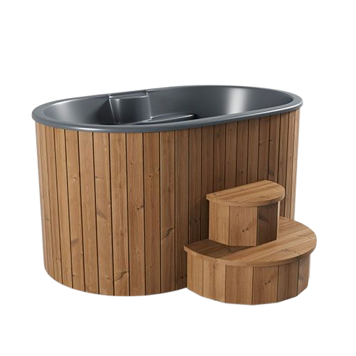 Oval wooden hot tub with gray interior and built-in steps attached to the side