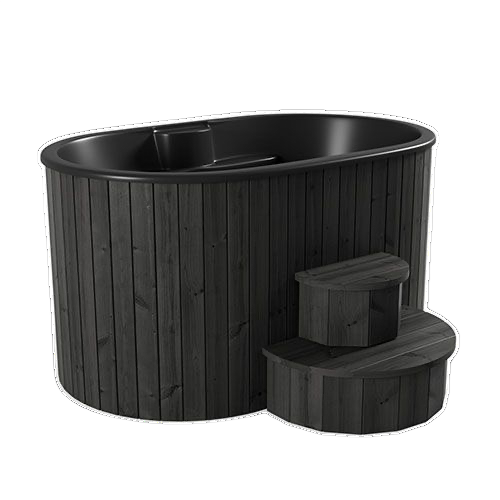 Black oval 2 person cold tub with matching wooden steps and cover on a white background