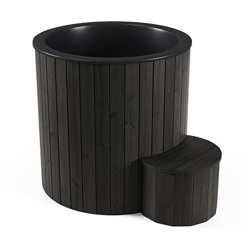 Black wooden barrel cold plunge tub with a matching small round stool beside it