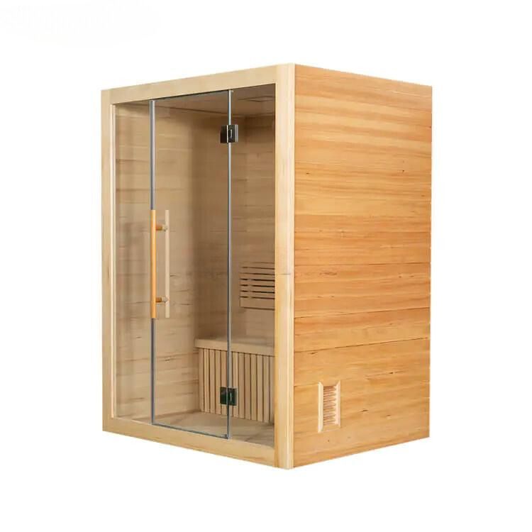Wooden sauna cabin with glass front door and side panel doors