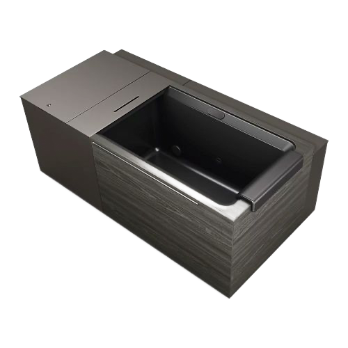 Modern black rectangular sink or basin with wood-grain exterior on a white background