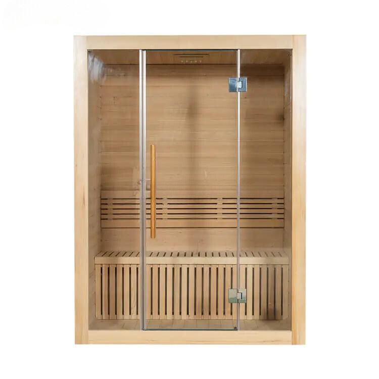 Wooden glass door with vertical handle and blinds behind it, lit from inside