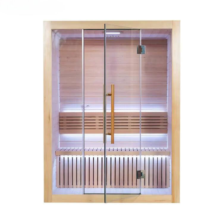Wooden glass door with vertical handle and blinds behind it, lit from inside