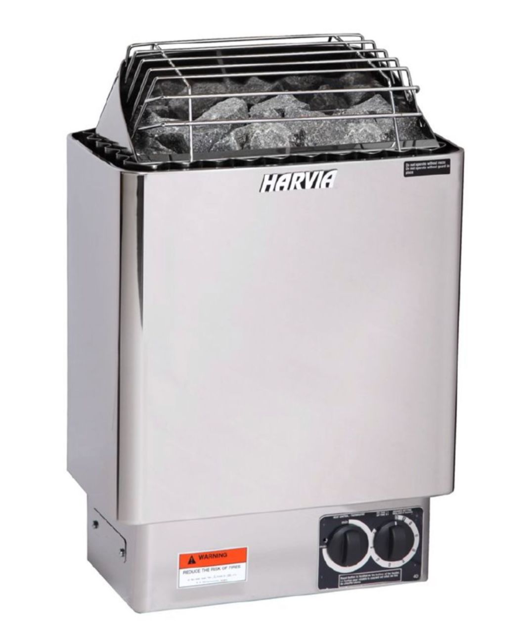 Wall-mounted stainless steel sauna heater with rocks, black control knobs, and top grill